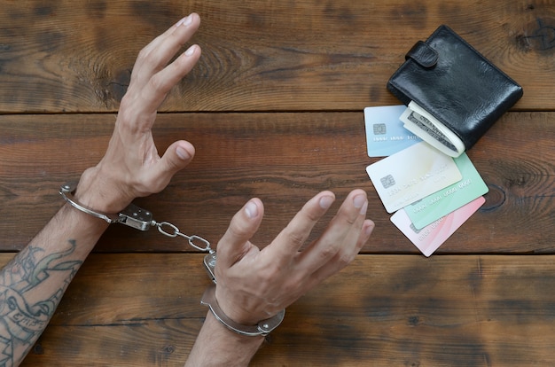 사진 카딩 및 가짜 신용 카드의 문신 범죄 용의자의 수갑
