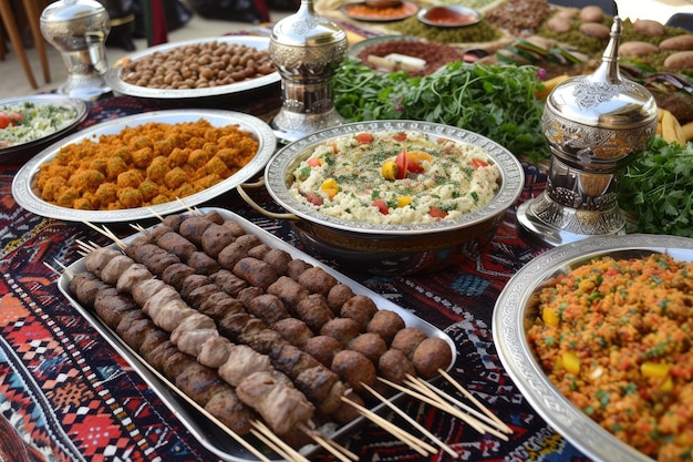 cuisine spread consisting of hummus falafel and kebabs