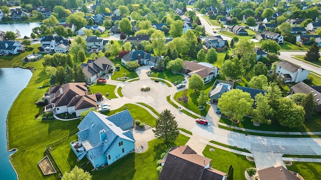 Culdesac con case da grandi a borghesi in un quartiere con stagno in estate aerea