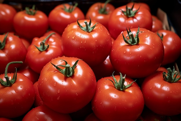 Foto culinair doek achtergrond van een marktkraam met mollige rode tomaten