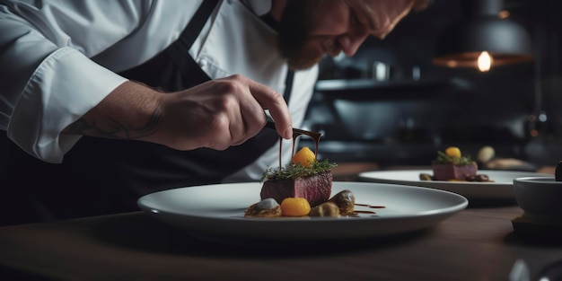 Culinair meesterwerk Professionele chef-kok Plating Gesneden aangebraden hertenvlees in een gastronomische keuken AI gegenereerd