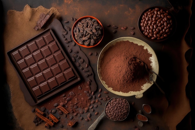 Culinaire achtergrond met stukjes pure chocolade en bovenaanzicht van cacaobonen