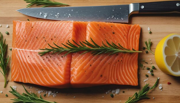 Culinary Art Raw Salmon Fillet on Cutting Board
