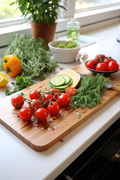 Foto tagliere di legno di sfondo culinario con verdure tagliate ai generate