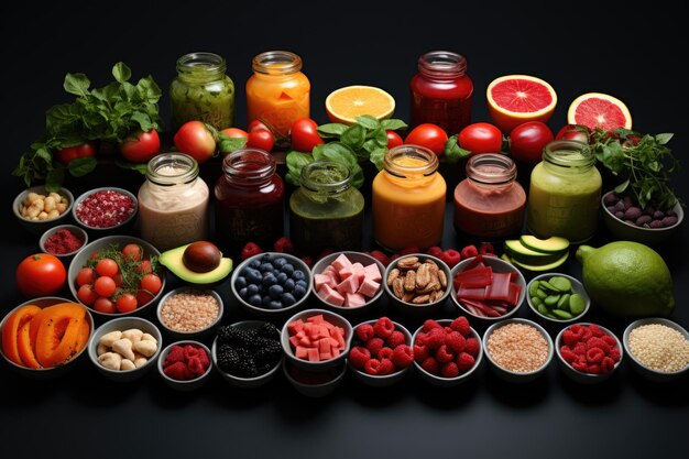 Foto composizione culinaria realismo in un collage che mostra una varietà di cibi pronti da mangiare su una bottiglia e una ciotola generativa ai