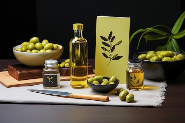 Culinary craft art mock up with olive oil and olives in cozy atmosphere