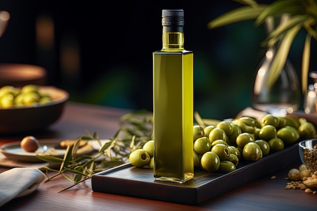 Culinary craft art mock up with olive oil and olives in cozy atmosphere