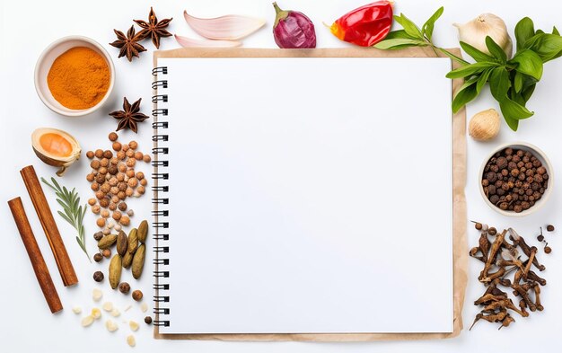 Photo culinary creativity blank notepad surrounded by various ingredients