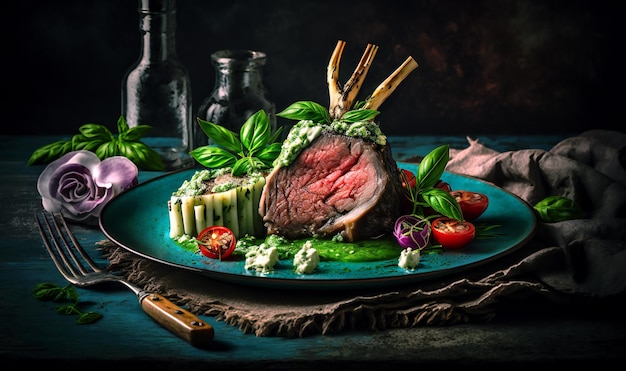 A culinary delight Delicious juicy lamb chops with vibrant pesto sauce