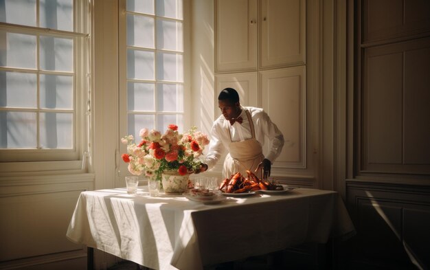 A Culinary Encounter The Dashing Chef in Louis Vuitton Relishing Lobster Lunch in his Sunlit Fren