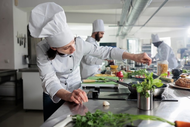 Culinary expert seasoning food while cooking gourmet dish served in fine dining restaurant. Food industry worker preparing ingredients for meal while seasoning vegetable stew with herbs and spices.