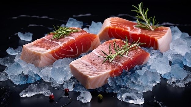 Culinary Freshness Steaks of Raw Salmon on Ice Presented on a Blue Slate