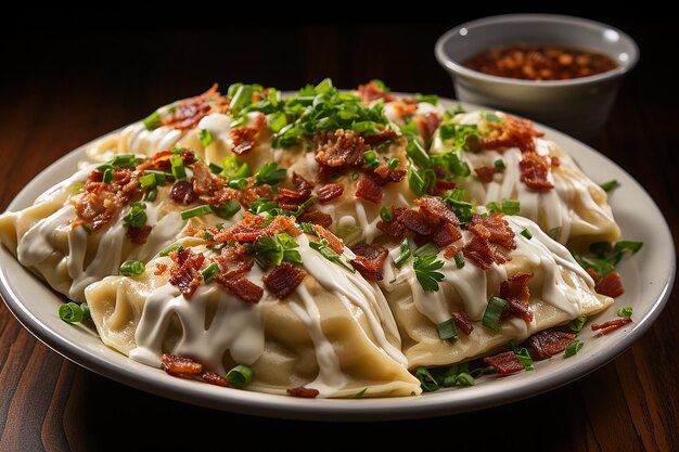 Culinary Fusion Dumplings and Bacon on a Plate Colorful TopDown View