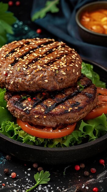 Culinary harmony Burger ingredients beef meat grilled to perfection Vertical Mobile Wallpaper