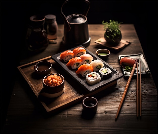 Culinary Harmony Sushi Ensemble on Rustic Platter Captures Japanese Delight and Aesthetics