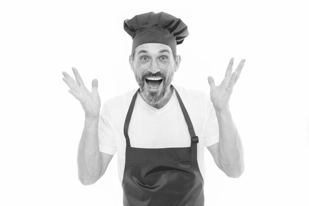 Ispirazione culinaria uomo maturo bello sfondo bianco cucinare come occupazione professionale uniforme per cucinare chef nel ristorante la cucina è il mio hobby impara a cucinare benvenuto nella mia cucina