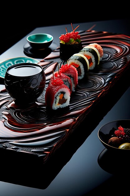 Photo a culinary masterpiece unfolds as an array of sushi creations adorn a lacquered platter