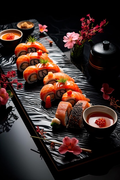 A culinary masterpiece unfolds as an array of sushi creations adorn a lacquered platter