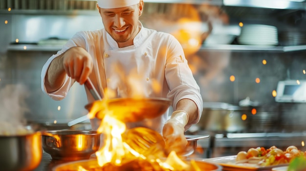 写真 レストランのキッチンで美味しい料理を作っているグルメ・シェフ