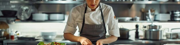 Culinary Mastery Professional Woman Chef Crafting a Delicious Meal in a Bright White Kitchen Environment