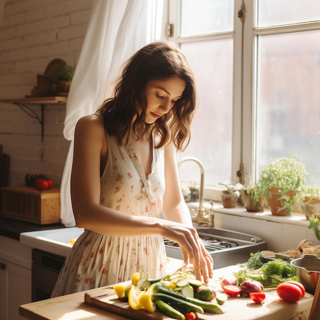 Culinary Serenity Vegetable Chopping in a Sunlit Kitchen Haven