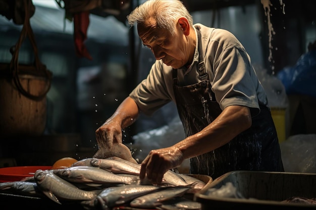 요리 기술 과 신선 한 맛 이 드러난 사람 은 신선 한 물고기 를 제공 하기 전 에 능숙 히 청소 한다