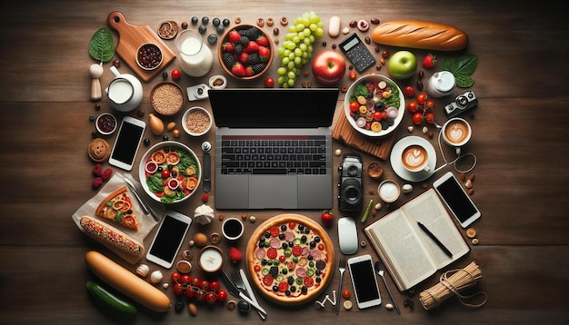 Foto area di lavoro culinaria una miscela di tecnologia e delizie di buon gusto