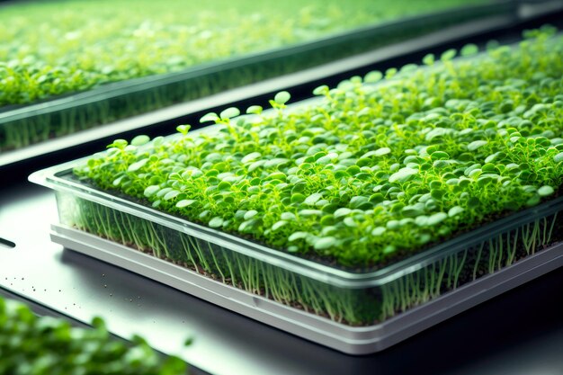 写真 閉鎖型温室内の長方形トレイでの有機マイクログリーンの栽培