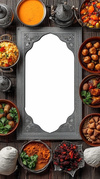 Фото Культурное празднование арабская еда и белая рамка создают праздничную атмосферу рамадана vertical mobile