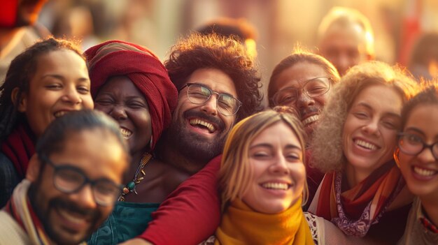 Foto diversità culturale gruppo diversificato di persone che abbracciano e celebrano insieme il multiculturalismo