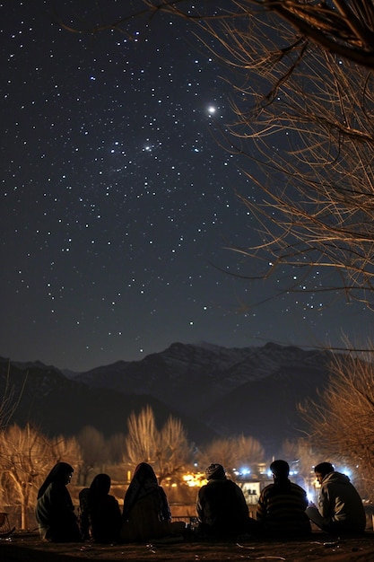 Photo a cultural scene where people are reciting classical persian poetry under a starry sky