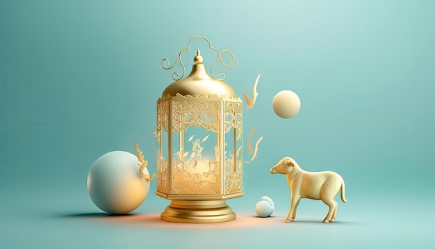 Cultural Symbolism in Motion Sheep and Golden Lantern for Muslim Festivals Generative AI