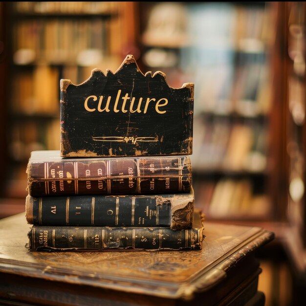 Photo culture concept image with stack of books in a bookshop or a library and sign with written word q