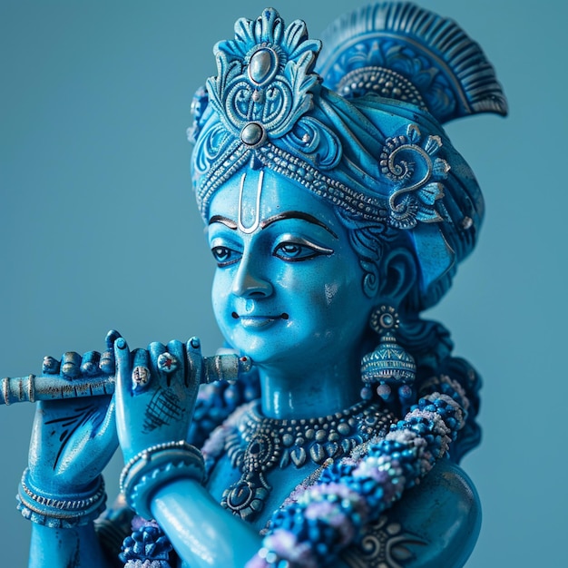 Cultuur en religieus concept God Krishna beeldhouwwerk Blauw gekleurd Kopieer ruimte