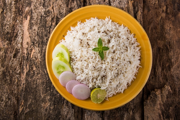 Cumin rice or Indian Jeera Rice in plate, selective focus