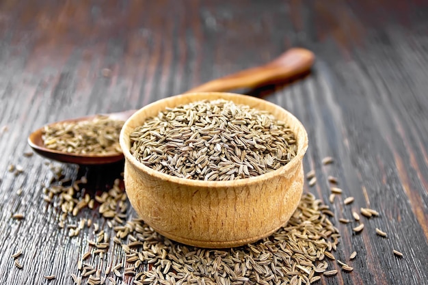 Cumin seeds in bowl and spoon on board