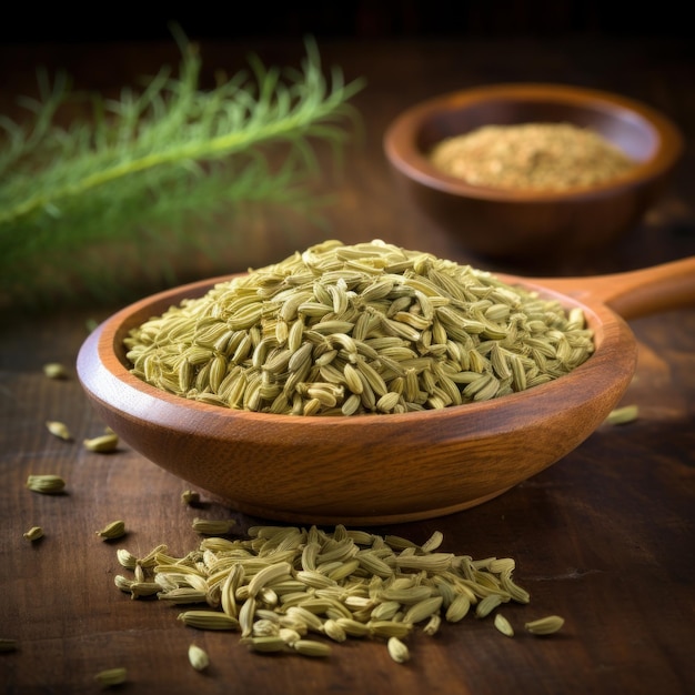 Cumin seeds in bowl and spoon on wooden table