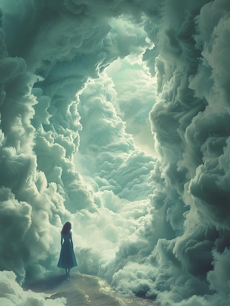 A cumulus landscape surrounds a woman in the tunnel of clouds in the sky