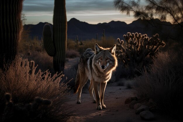 Cunning coyote among cacti and rocks at dusk generative IA