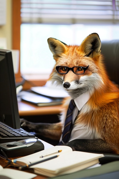 Photo cunning fox in business attire pretends to work in office setting with copy space for text placement