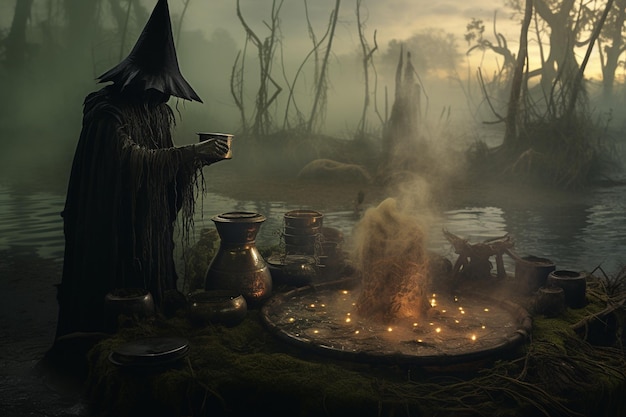 Photo a cunning witch brewing a cauldron brimming with b 00121 01