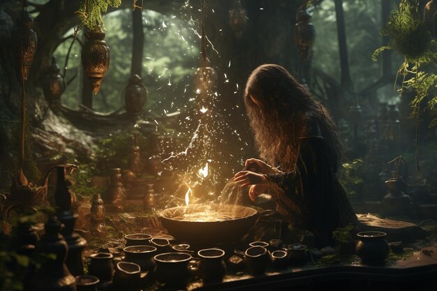 A cunning witch brewing a cauldron of bubbling pot 00122 00