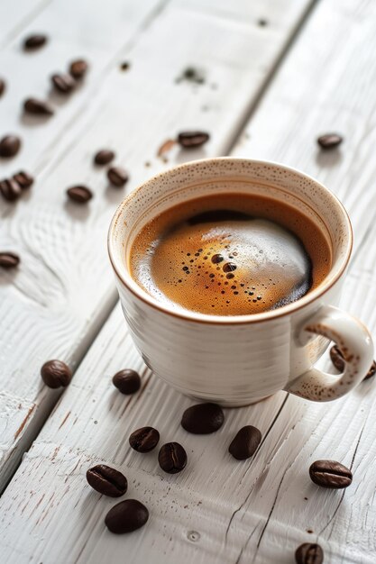 Cup of aromatic black coffee on a white rustic wooden background