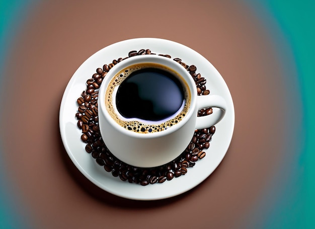 黒のコーヒーとコーヒー豆のカップ
