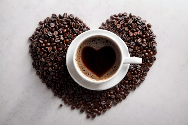 A cup of black coffee on roasted coffee beans arrenged in heart shaped