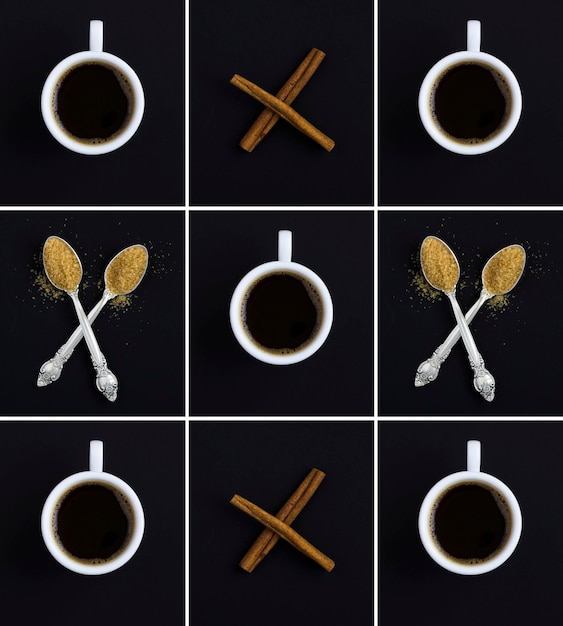 Cup of black coffee spoon with sugar and cinnamon on the black background Pattern Flat lay Top view