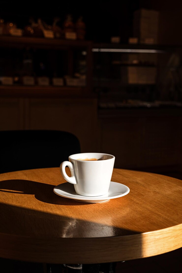 太陽の光でテーブルの上に黒いコーヒーのカップ