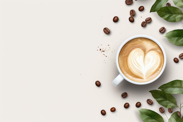 Foto tazza di caffè nero con fagioli e foglie verdi