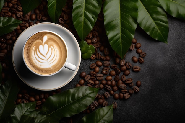 Cup of black coffee with beans and green leaves