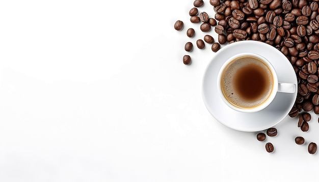 cup of black coffee with coffee beans top view isolated on a white background